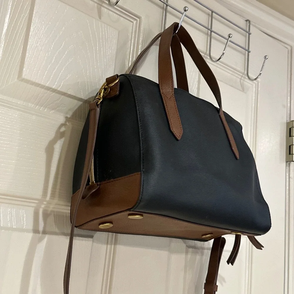 Fossil Sydney Satchel Black Brown Leather Trim Crossbody Bag